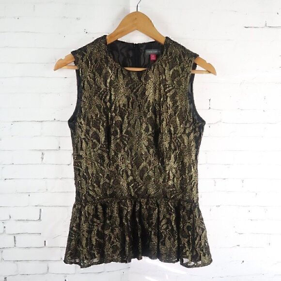 VINCE CAMUTO BLACK WITH GOLD LACE OVERLAY SLEEVELESS PEPULM TOP SIZE XS - Picture 1 of 11